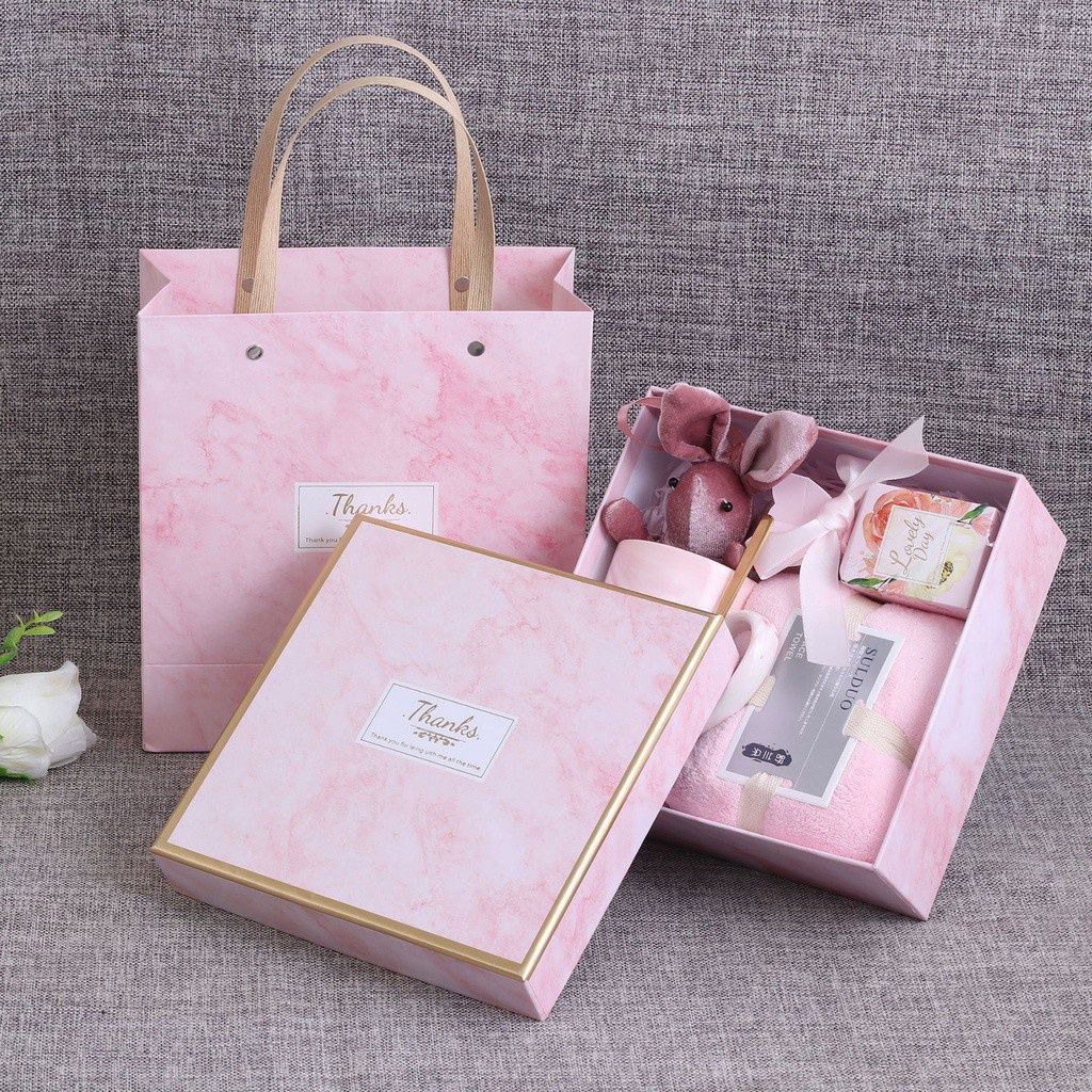  Hộp giấy cứng đựng quà tặng họa tiết cẩm thạch màu hồng hai mảnh, chất liệu cứng cáp sang trọng [Q678] 