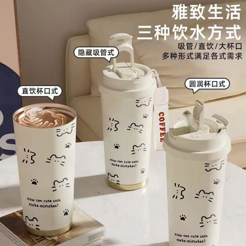  Cốc Giữ Nhiệt Hình Mèo Dung Tích Lớn Có Ống Hút Tiện Lợi [GIAO HÀNG 2-10 NGÀY | SỈ TỪ 2 TRIỆU | CÓ THỂ IN LOGO] 