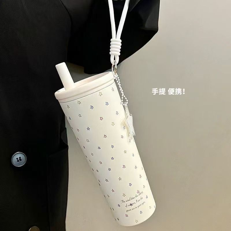  Cốc giữ nhiệt inox hình bầu trời sao, cốc có ống hút dung tích lớn cho nữ 