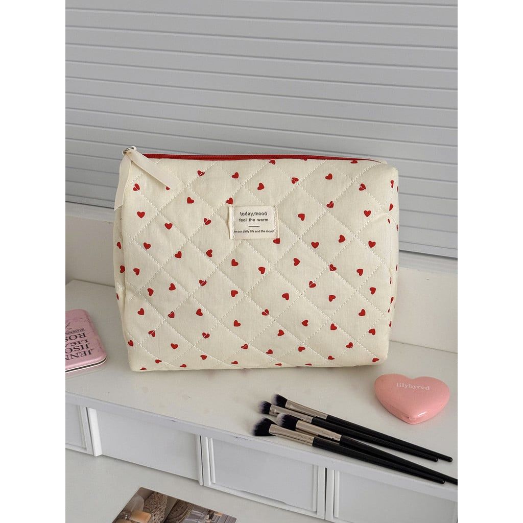  Túi Đựng Mỹ Phẩm Vải Cotton Màu Đỏ Hình Trái Tim - Túi Xách Đựng Đồ Trang Điểm, Phụ Kiện Du Lịch Dễ Thương, Xuất Khẩu [GIAO HÀNG 2-10 NGÀY | SỈ TỪ 2 TRIỆU | CÓ THỂ IN LOGO] 