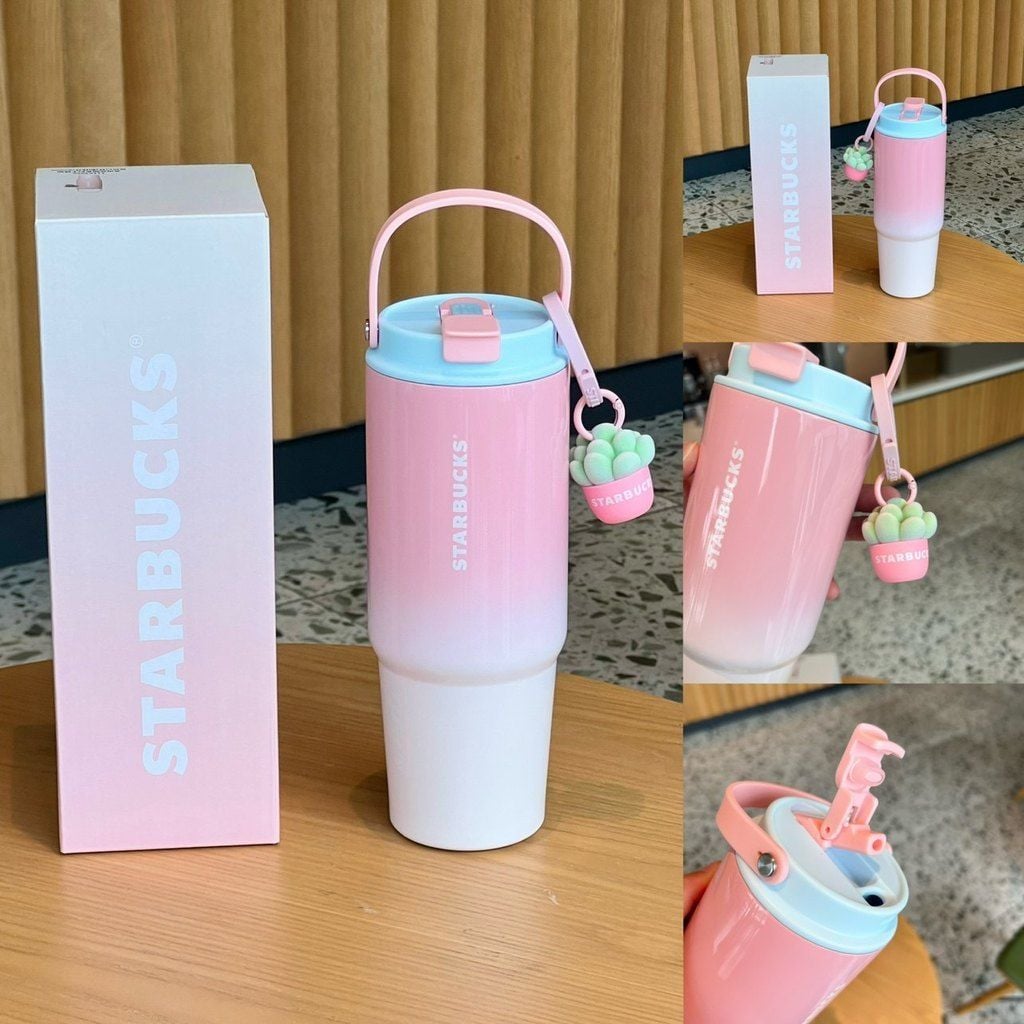  Cốc starbucks mọng nước loạt vườn hồng màu xanh lá cây gradient xương rồng ống hút thép không gỉ 