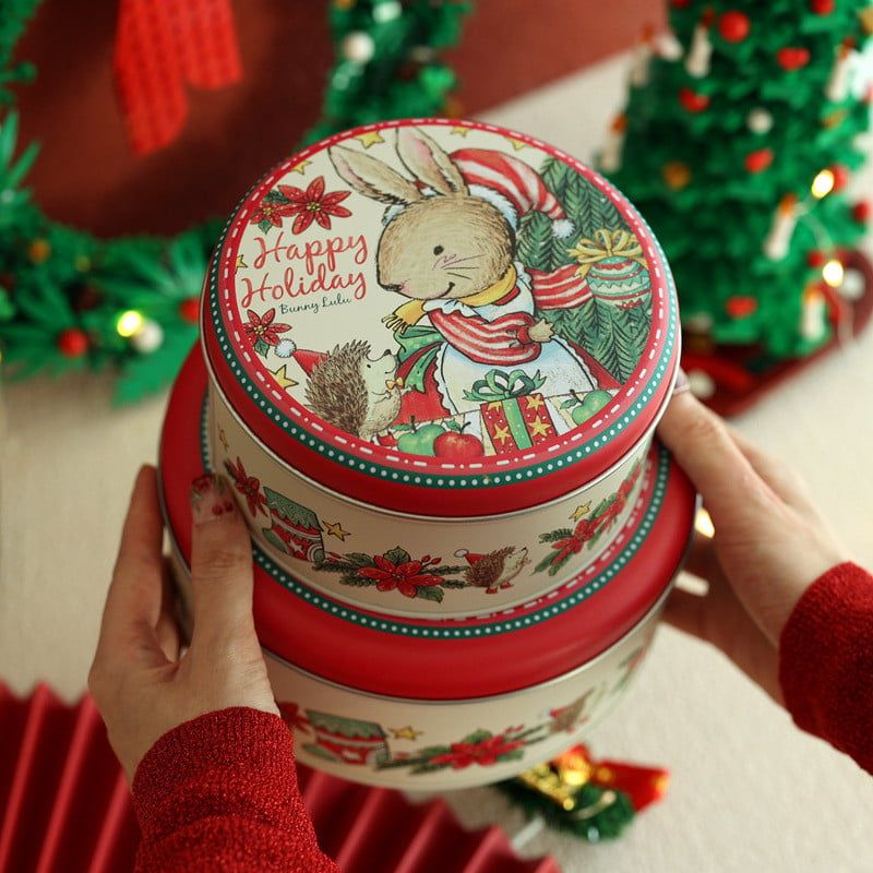  Hộp tròn nhỏ hộp giáng sinh hộp bánh quy hộp sắt màu đỏ hộp rỗng hộp quà kẹo 