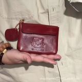  HelloKitty手工红色皮质零钱包可爱迷你kt便携耳机证件随身小卡包 