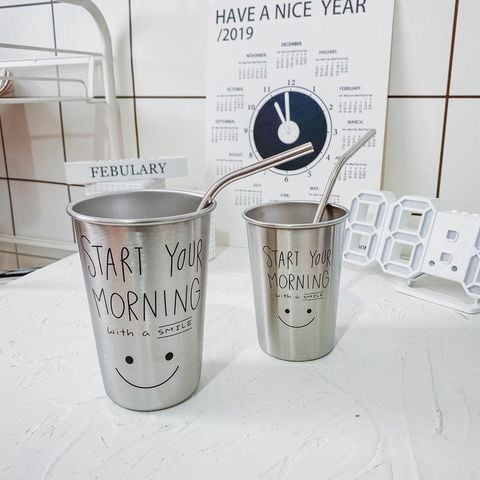  Cốc nước inox hình mặt cười dễ thương phong cách Hàn Quốc đơn giản, cốc phong cách công nghiệp 