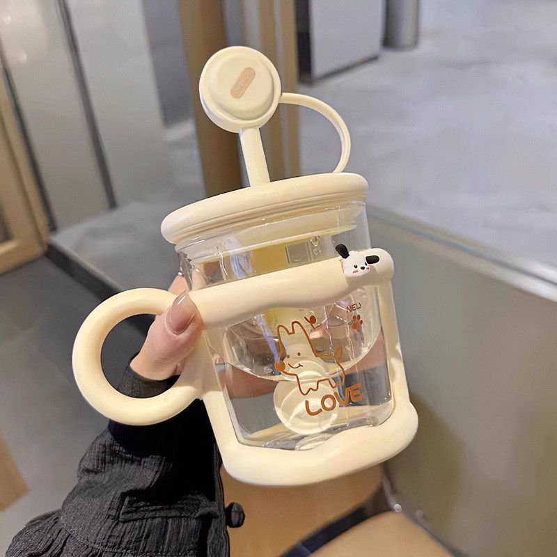  Cốc thủy tinh chịu nhiệt có ống hút, cốc mug gia dụng dễ thương 