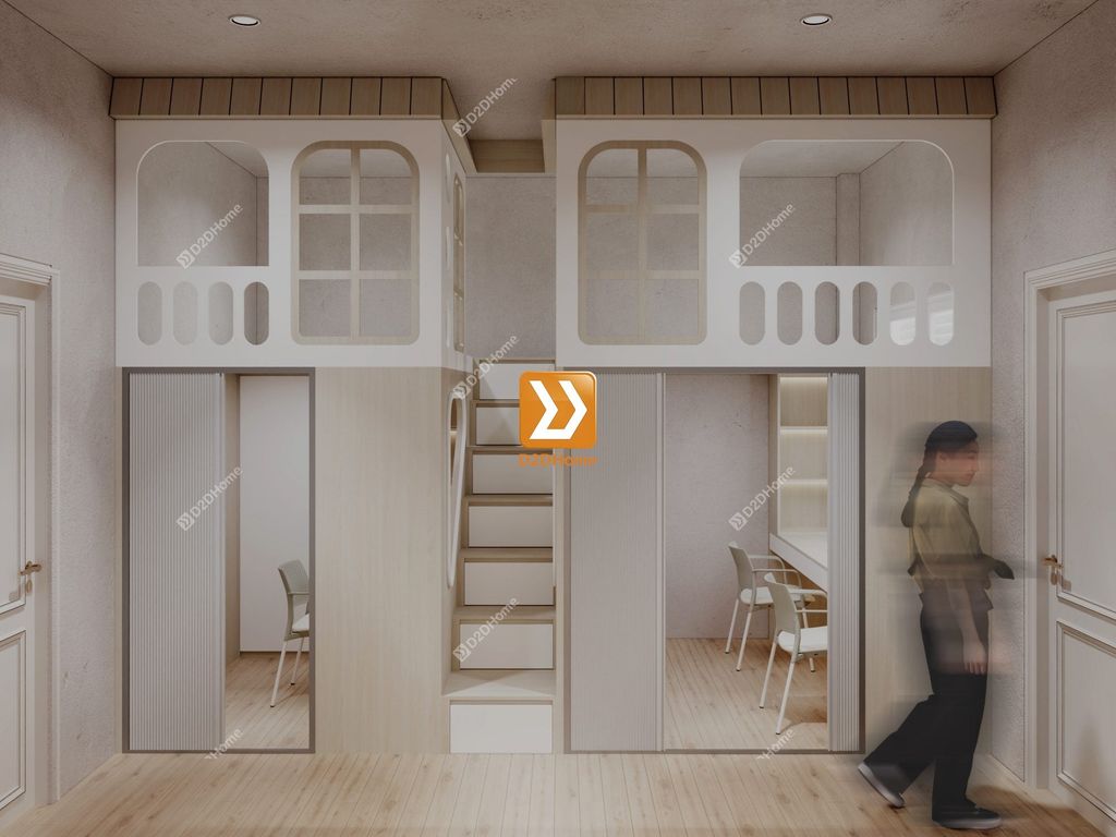 Phòng ngủ giường tầng cho 1 bé trai và 1 bé gái nhà chị Hương Phạm