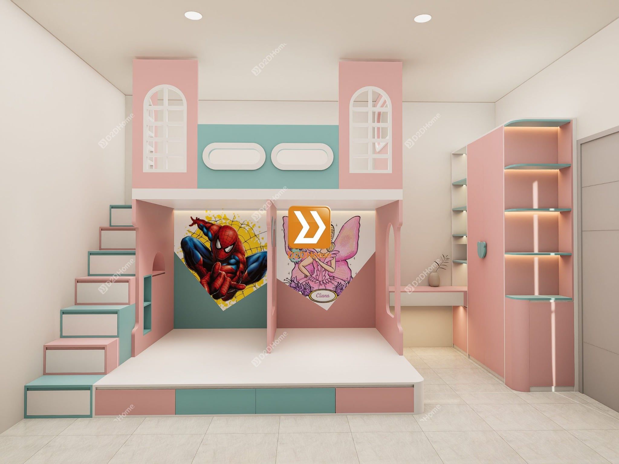 Phòng ngủ giường tầng cho 2 bé trai 1 bé gái nhà anh Đô