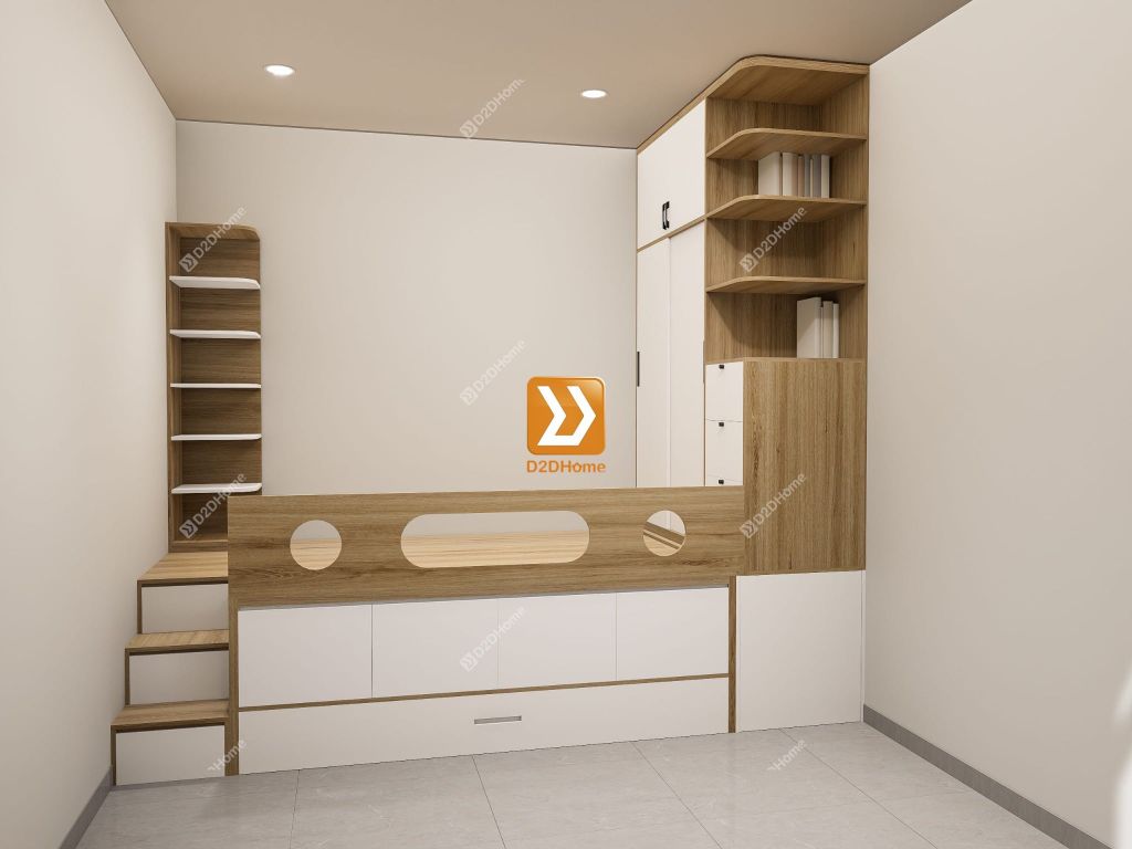 Phòng ngủ cho bé với hệ giường tủ bàn kết hợp nhà chị Phượng