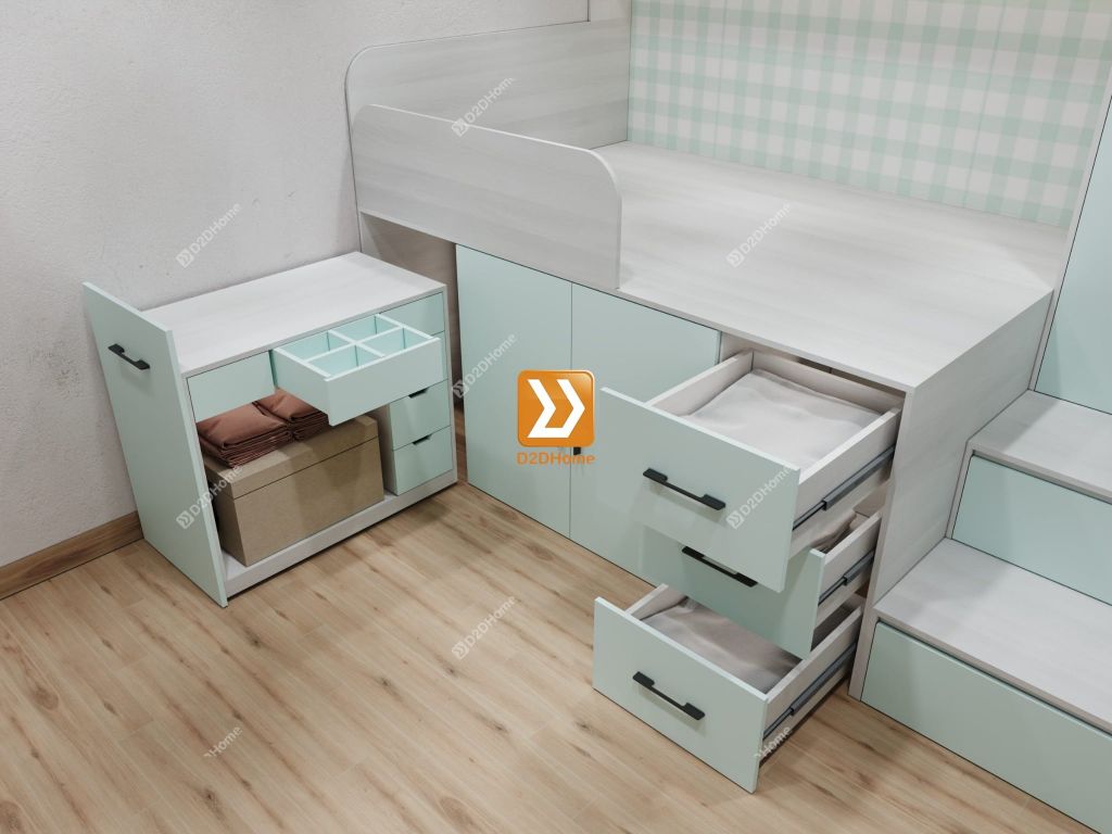 Phòng ngủ cho bé với hệ giường tủ bàn kết hợp nhà chị Lê Huỳnh