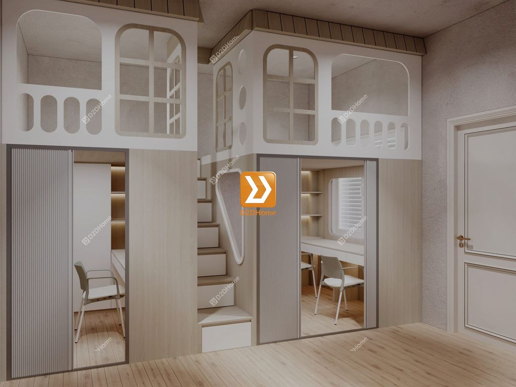 Phòng ngủ giường tầng cho 1 bé trai và 1 bé gái nhà chị Hương Phạm