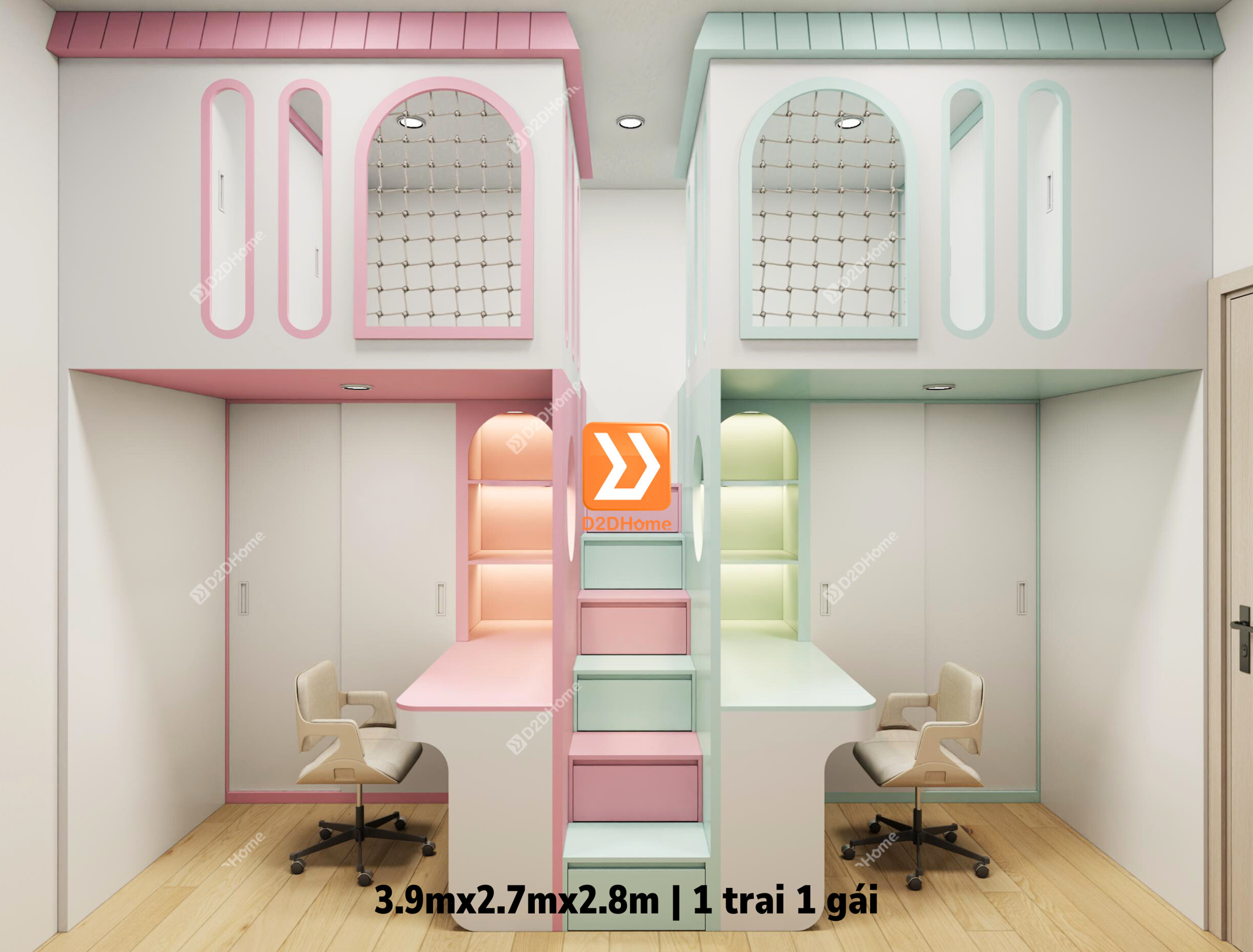 Phòng ngủ giường tầng cho 1 bé trai và 1 bé gái nhà anh Hồng Sơn