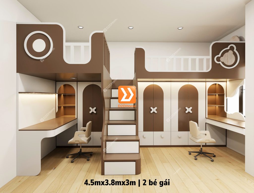 Phòng ngủ giường tầng cho 1 bé trai và 1 bé gái nhà chị Lệ Trang