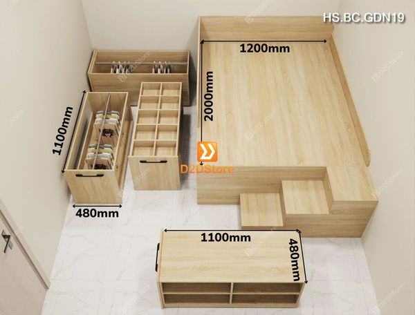 Giường lưu trữ thông minh nhiều kích thước mã HS.BC.GDN19