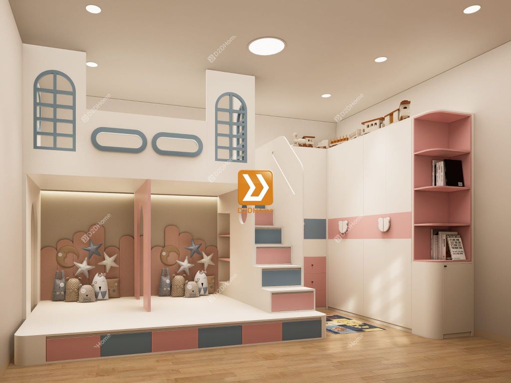 Phòng ngủ giường tầng cho 3 bé trai nhà chị Tú