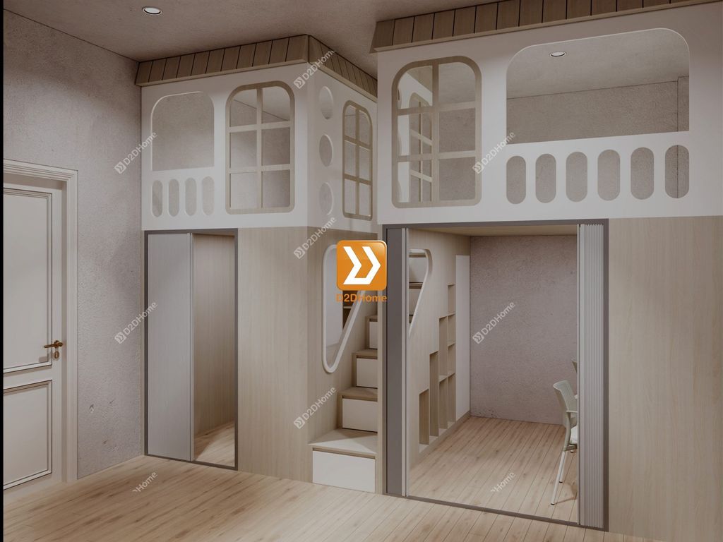 Phòng ngủ giường tầng cho 1 bé trai và 1 bé gái nhà chị Hương Phạm