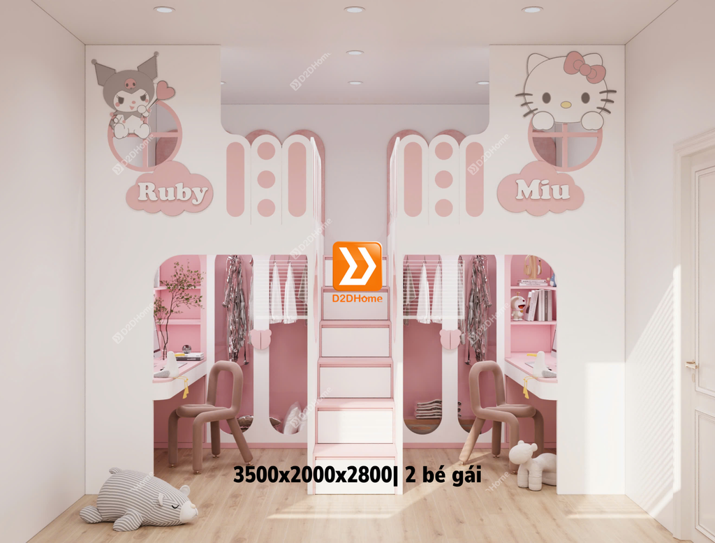Phòng ngủ giường tầng cho 1 bé trai và 1 bé gái nhà chị Duy Ngọc