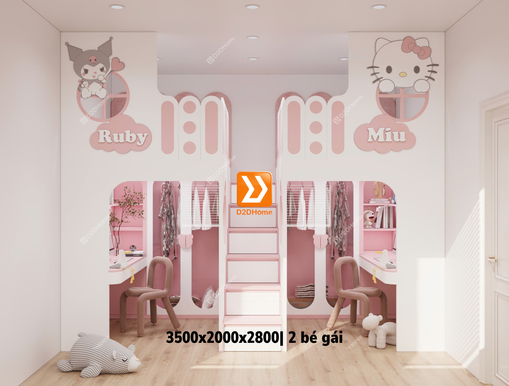 Phòng ngủ giường tầng cho 1 bé trai và 1 bé gái nhà chị Duy Ngọc