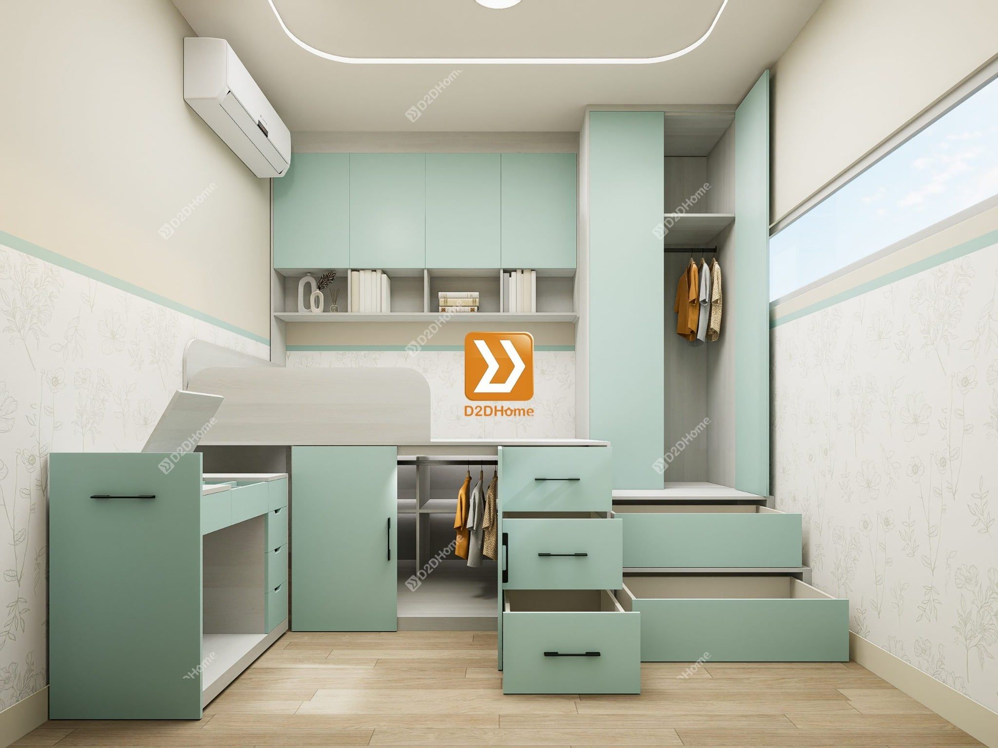 Phòng ngủ với hệ giường tủ bàn kết hợp nhà anh Hoan