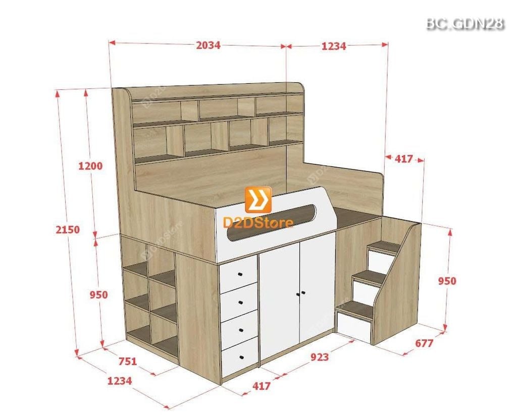 Giường thông minh tích hợp nhiều công năng tủ áo ngăn kéo kệ sách mã GTM.DN01 - Ảnh 22