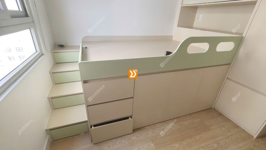 Tủ giường đa năng lưu trữ thông minh cho bé gái nhà chị Nhi Nguyễn