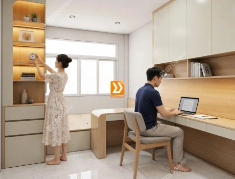 Hệ giường tủ bàn kết hợp bố trí tiết kiệm diện tích tối ưu công năng nhà anh Hữu Vĩnh