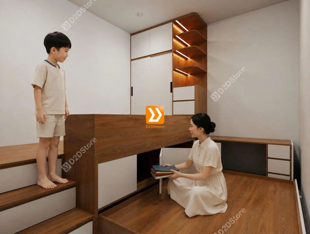 Hệ giường tủ bàn kết hợp tích hợp giường phụ ẩn thông minh - Ảnh 2