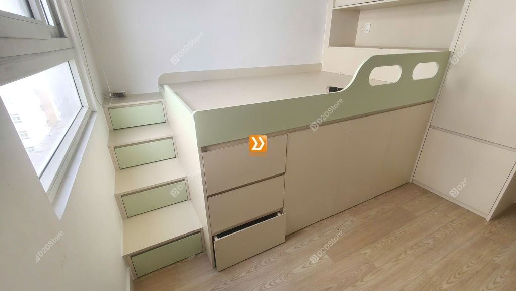 Tủ giường đa năng lưu trữ thông minh cho bé gái nhà chị Nhi Nguyễn