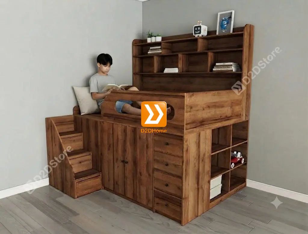 Giường thông minh tích hợp nhiều công năng tủ áo ngăn kéo kệ sách mã GTM.DN01 - Ảnh 1