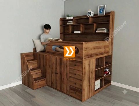Giường thông minh tích hợp nhiều công năng tủ áo ngăn kéo kệ sách mã GTM.DN01
