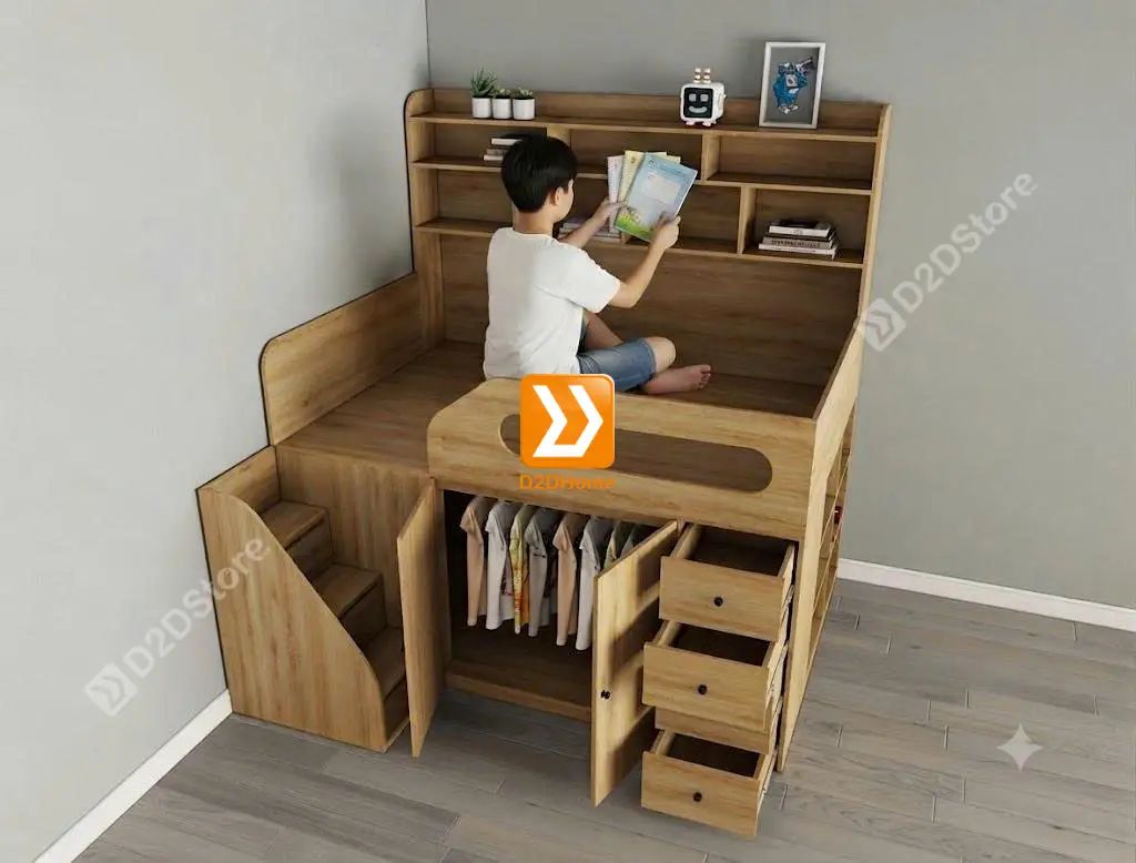Giường thông minh tích hợp nhiều công năng tủ áo ngăn kéo kệ sách mã GTM.DN01 - Ảnh 25
