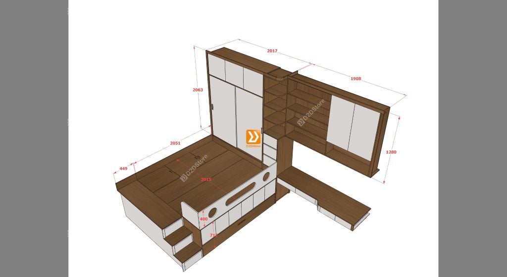 Hệ giường tủ bàn kết hợp tích hợp giường phụ  cho 2-3 người sử dụng chung phòng - Ảnh 5