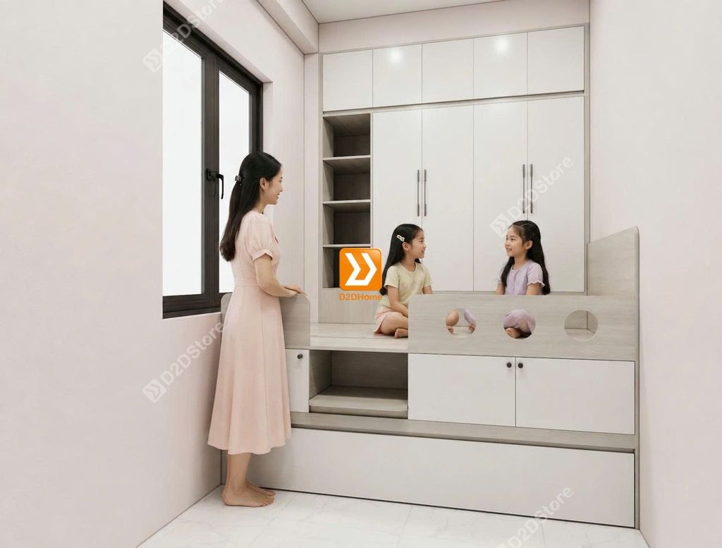 Tủ giường đa năng lưu trữ thông minh cho 2 bé gái nhà chị Jia Phong