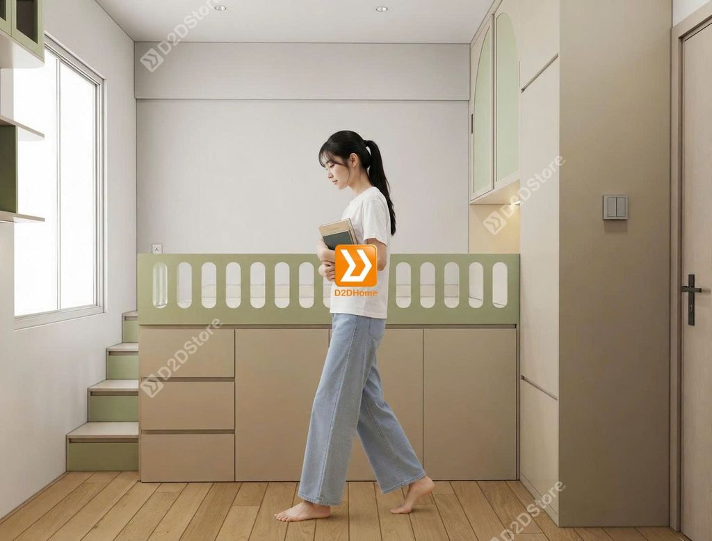 Tủ giường đa năng lưu trữ thông minh cho bé gái nhà chị Nhi Nguyễn