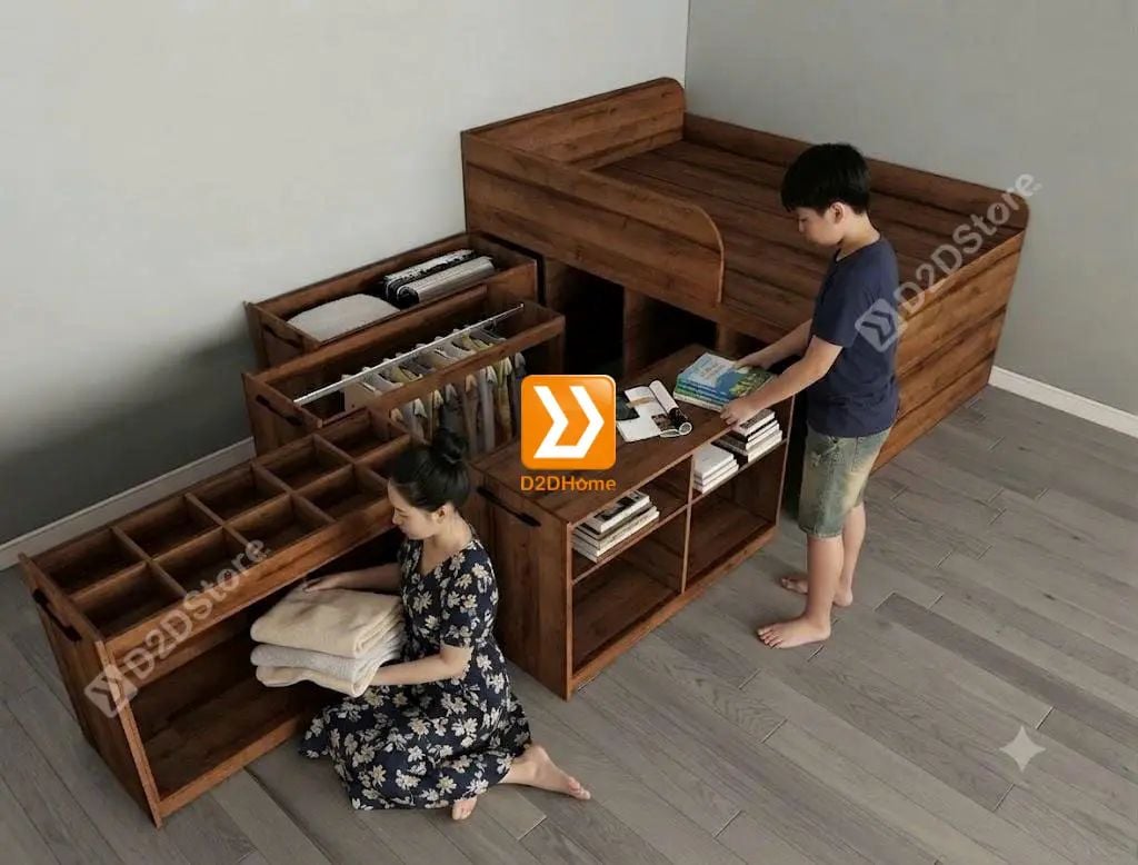 Giường thông minh tích hợp 4 tủ ngăn kéo dưới giường tiện ích không cầu thang cao 82cm mã GTM.KCT82 - Ảnh 8