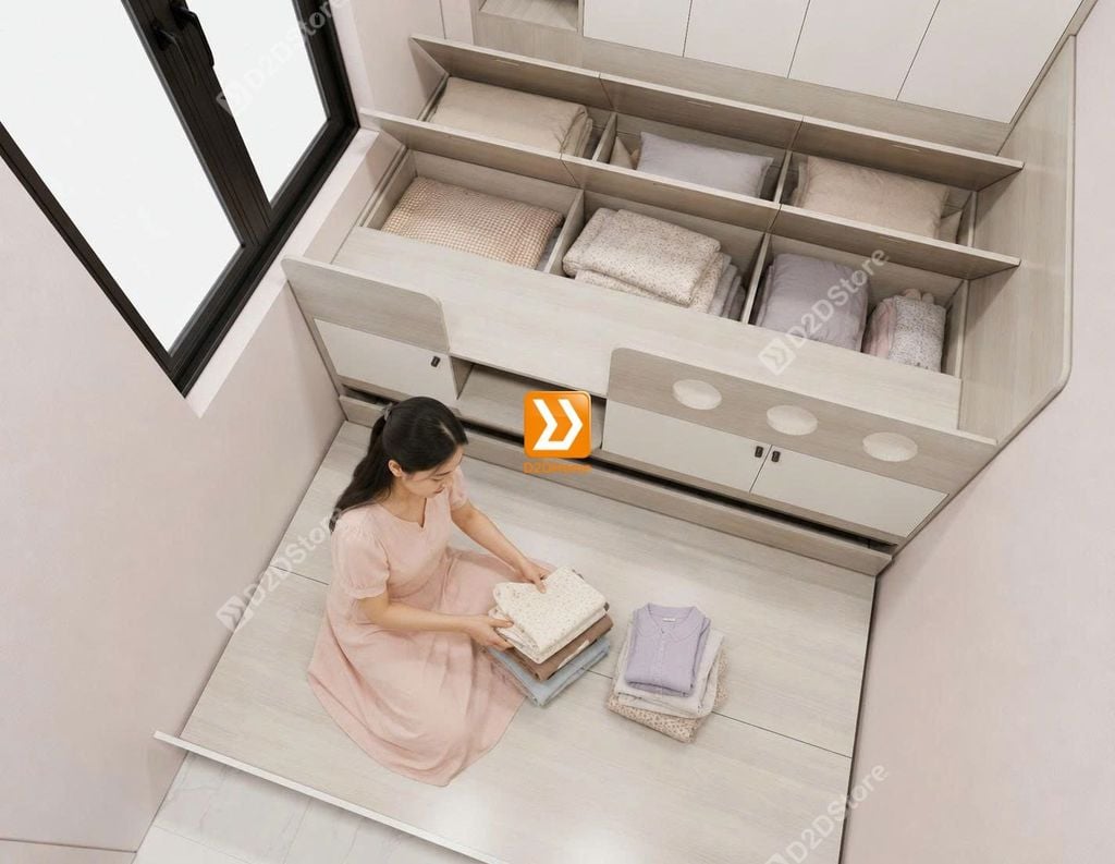 Tủ giường đa năng lưu trữ thông minh cho 2 bé gái nhà chị Jia Phong