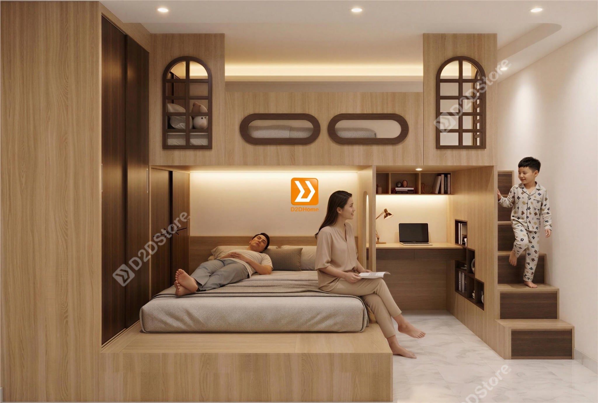 Phòng ngủ giường tầng cho bố mẹ và 1 bé trai nhà anh Hữu Nguyên