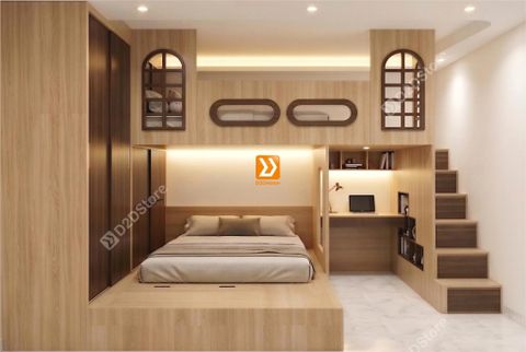 Phòng ngủ giường tầng cho bố mẹ và 1 bé trai nhà anh Hữu Nguyên