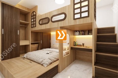 Phòng ngủ giường tầng cho bố mẹ và 1 bé trai nhà anh Hữu Nguyên