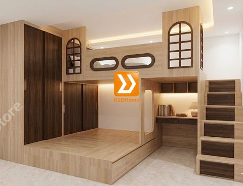 Phòng ngủ giường tầng cho bố mẹ và 1 bé trai nhà anh Hữu Nguyên