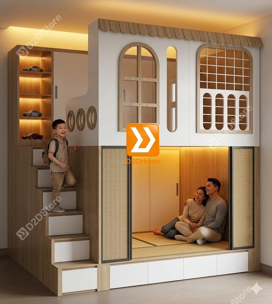 Phòng ngủ giường tầng cho bố mẹ và 1 bé trai nhà anh Phi