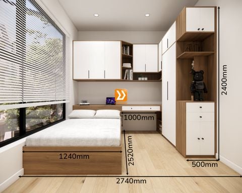 Hệ giường tủ bàn kết hợp cho phòng nhỏ 7m2 nhà chị Yến Lê
