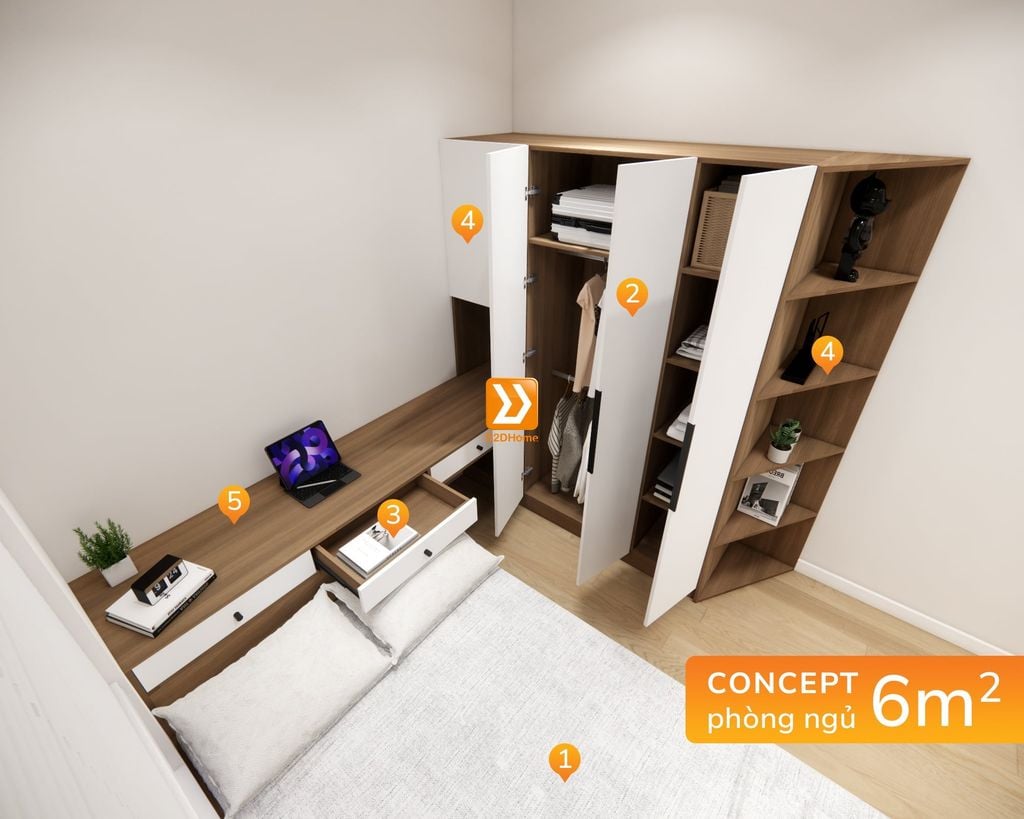 Hệ giường tủ bàn kết hợp cho phòng nhỏ 6m2 nhà chị Dung Phạm