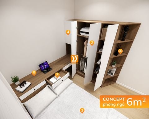 Hệ giường tủ bàn kết hợp cho phòng nhỏ 6m2 nhà chị Dung Phạm