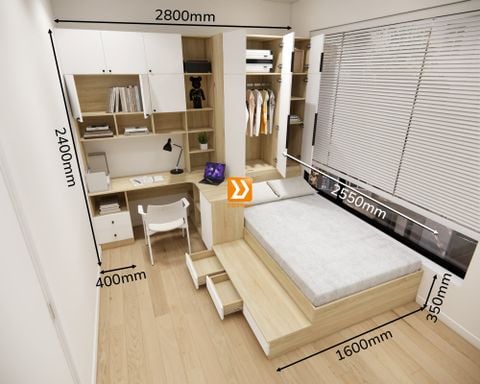 Hệ giường tủ bàn kết hợp cho phòng nhỏ 7m2 nhà chị Hiền Đặng