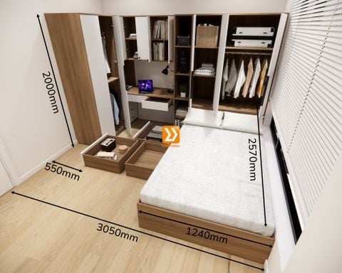 Hệ giường tủ bàn kết hợp cho phòng nhỏ 8m2 nhà chị Mai Nguyễn