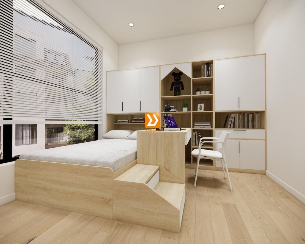 Hệ giường tủ bàn kết hợp cho phòng nhỏ 8m2 nhà chị Hồng Mơ