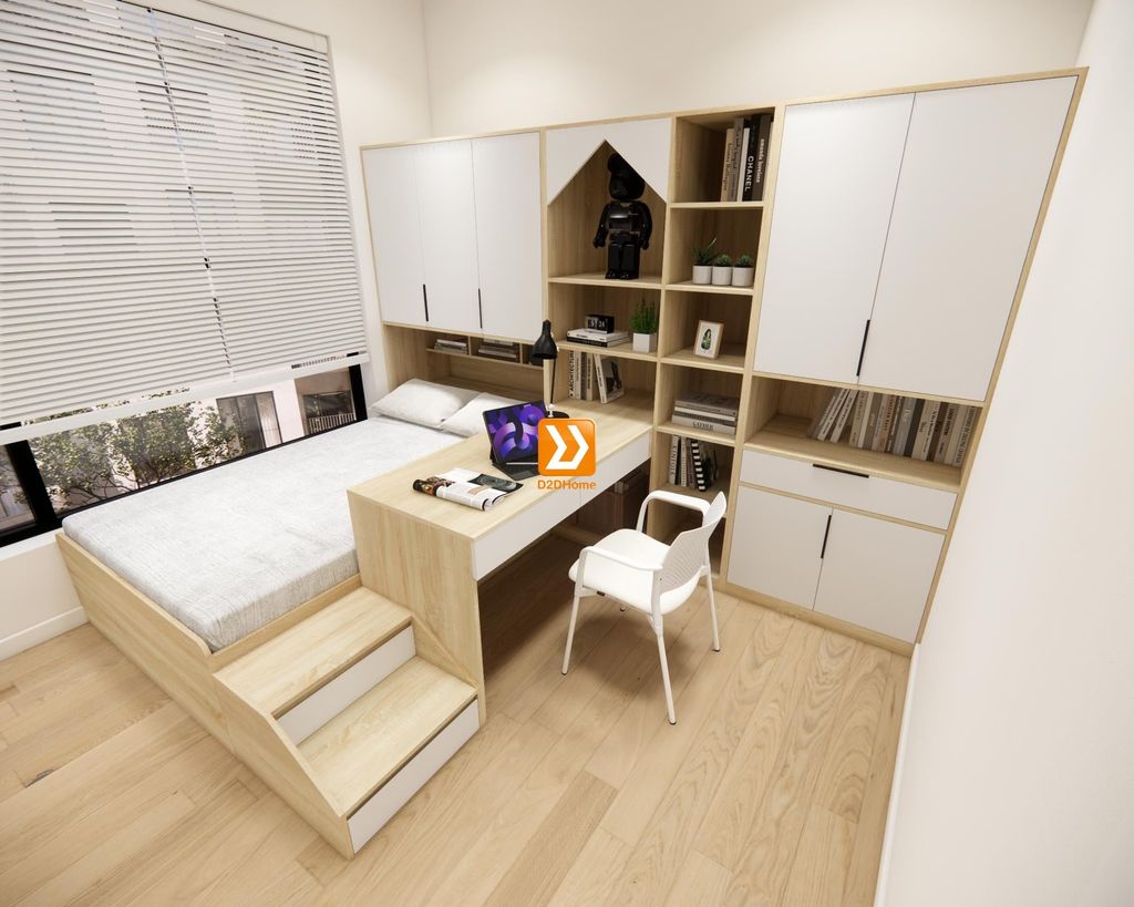 Hệ giường tủ bàn kết hợp cho phòng nhỏ 8m2 nhà chị Hồng Mơ