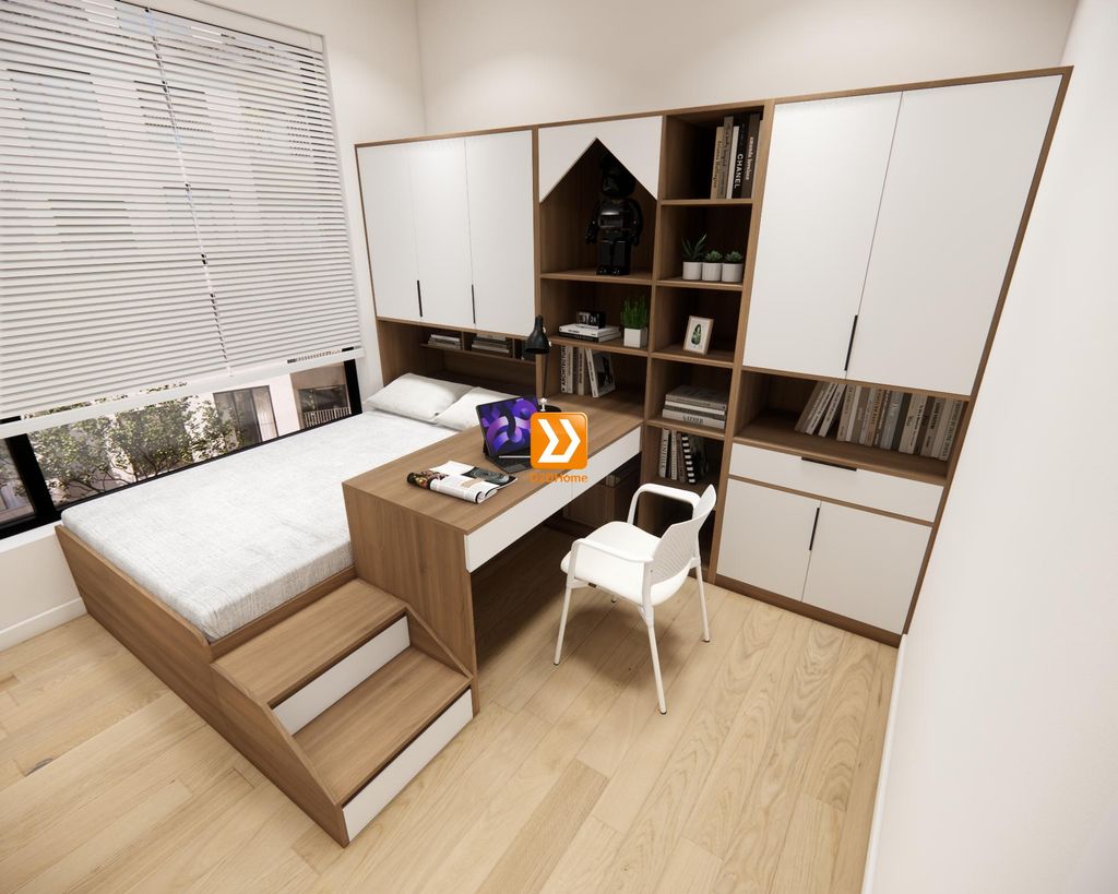 Hệ giường tủ bàn kết hợp cho phòng nhỏ 8m2 nhà chị Hồng Mơ