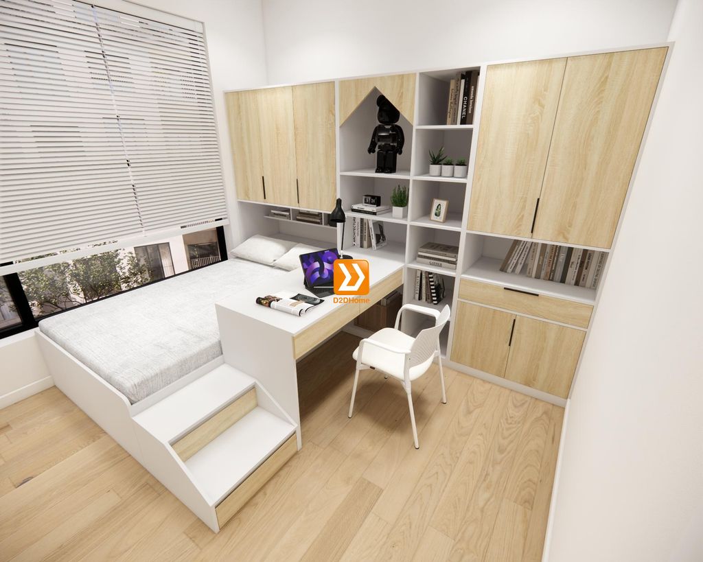 Hệ giường tủ bàn kết hợp cho phòng nhỏ 8m2 nhà chị Hồng Mơ