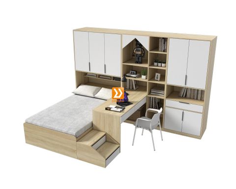 Hệ giường tủ bàn kết hợp cho phòng nhỏ 8m2 nhà chị Hồng Mơ